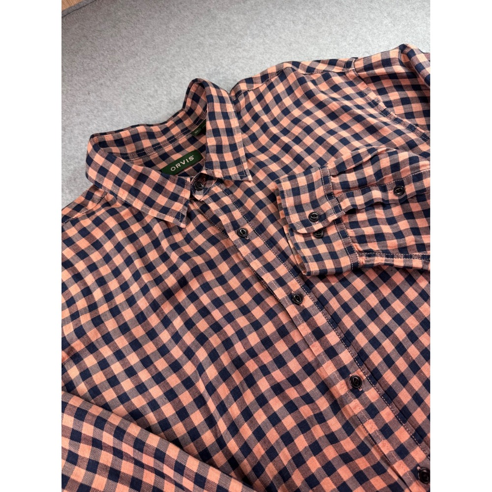 Orvis Active Fit Mens XL Linen Tencel Gingham Button Down Shirt Orange Navy